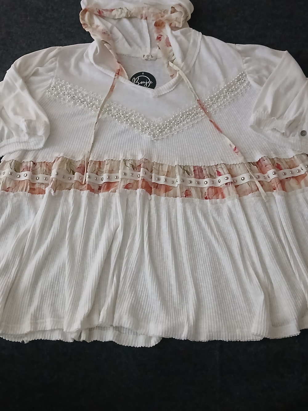 POL White Peasant Tunic with Pearl Trim and Floral Ribbon